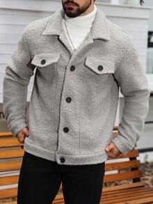 Manfinity Homme 男士休闲单排扣泰迪羊毛混纺夹克，秋冬 - 灰色 - 查看 5