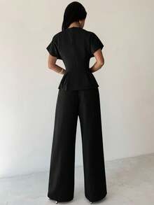 Firerie 夏季新款简约优雅通勤度假复古毕业日常百搭黑色竹纹面料圆领短袖腰部褶裥X型常规衬衫上衣+宽松阔腿裤两件套，教师装，复古风，女士办公室装，机场装，旅行装，外出装 - 黑色 - 查看 3