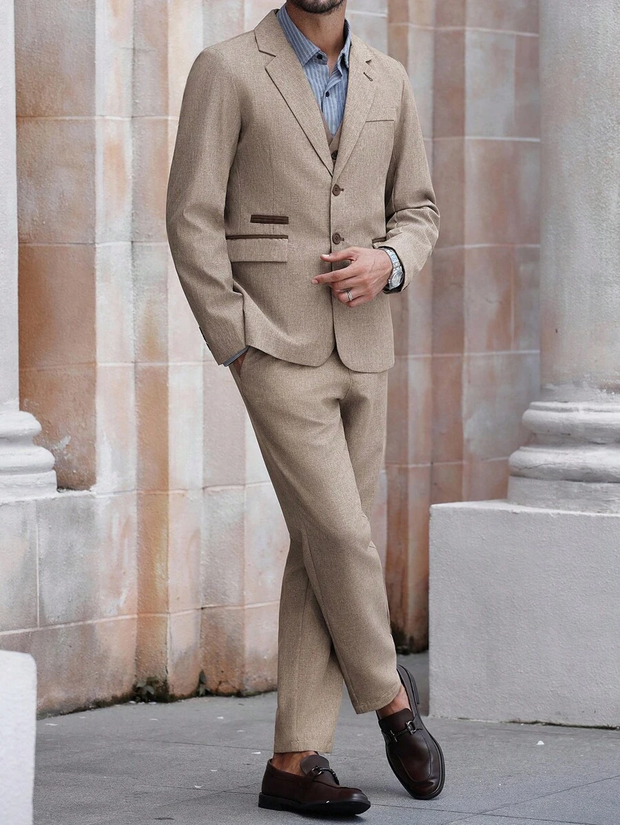 Manfinity Bizformal Conjunto de traje de negocios con cuello de solapa y botones delanteros para hombres en color caqui - Caqui - Ver 1
