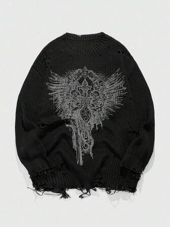 Goth Suéter de punto con patrón apocalíptico desgastado para hombre, otoño e invierno