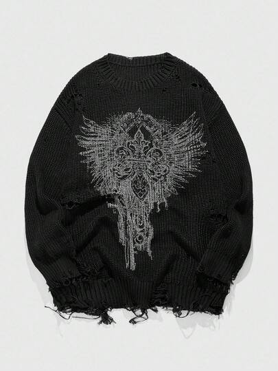 Goth Suéter de punto con patrón apocalíptico desgastado para hombre, otoño e invierno