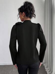 SHEIN Raffinéa 女士纯色优雅百搭系带领泡泡袖衬衫 - 黑色 - 查看 2