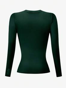 INAWLY Áo thun cổ tròn dài tay dáng ôm màu xanh ô liu cỡ lớn dành cho nữ - Nhiều màu - Xem 2