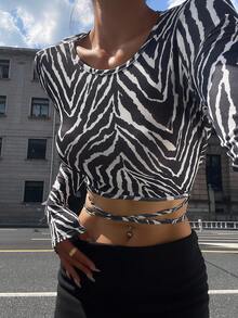 Livesso Women's Zebra Print Cropped Tie Front Long Sleeve T-Shirt