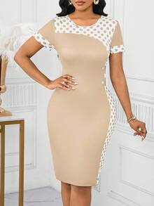 SHEIN Lady 女式波尔卡圆点印花圆领短袖修身中长款夏季优雅连衣裙 - 淡黃色 - 查看 4