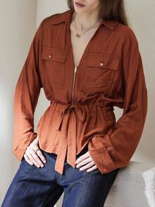 Aveloria Modichic Áo sơ mi nữ dài tay cổ điển đa năng, cổ chữ V, cổ bẻ màu cam-nâu, khóa kéo phía trước, thiết kế eo thắt chặt - màu nâu - Xem 5