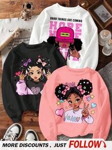 SHEIN Set de 3 sudaderas de manga larga con forro térmico grueso, con estampado retro, genial y lindo, aptas para otoño/invierno, en color negro, blanco y rosa, para niñas jóvenes