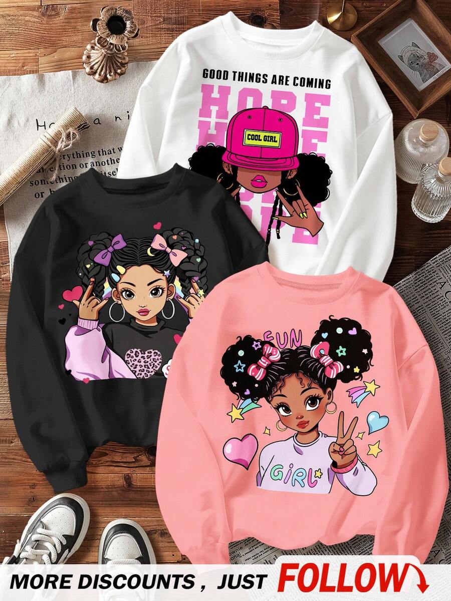 SHEIN Set de 3 sudaderas de manga larga con forro térmico grueso, con estampado retro, genial y lindo, aptas para otoño/invierno, en color negro, blanco y rosa, para niñas jóvenes