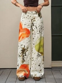 SHEIN EZwear 女士休闲印花低腰直筒牛仔裤，适合音乐节 - 卡其色 - 查看 3