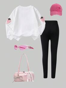 SHEIN 2 Stücke/Set Mädchen Street Sweatshirt Set, geeignet für Frühling & Herbst Outdoor, Kinder bedruckter Strick Sweatshirt & Skinny Hose süßer Outfit - Weiss - Übersicht 2