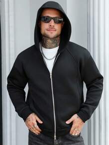 Manfinity Homme Men Zip-Up Hoodies Halloween Black Boxy Zip Up Hoodie , Fall, Long Sleeve Top