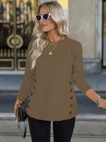 Chiquease Women's Solid Color Long Sleeve Double-Breasted Casual Sweater, Autumn Fall Winter Cloth For Women - Coffee Brown - View 3