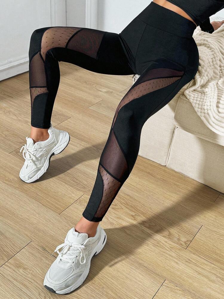 SHEIN Sports 女式网眼拼布紧身打底裤，适合跑步、运动、休闲日常穿着瑜伽裤 - 黑色 - 查看 1