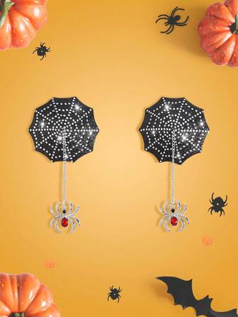 NotGurli 2pcs Spider Web Crystal 3D Spider Pendant Metal Chain, Funny Shiny Decor For Halloween, Party, Music Festival, Women Nipple Cover & Anti-Chafing Spider Spider Pasties Nipple Covers Halloween Rhinestone
