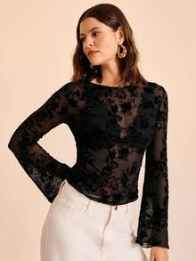 CAJUNI Women's Casual Mesh Flocked Floral Pattern Blouse Autumn Outfits For Women Elegant Women's Blouses Casual Blouses For Women