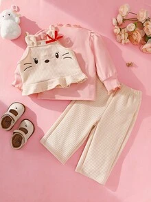 SHEIN Baby Girl Cute Solid Color Puff Sleeve T-Shirt & Cartoon Embroidered Strap Pants Set Fall Winter - Pink - View 6