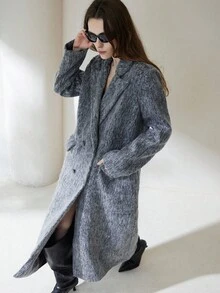 Aveloria Modichic 纯灰色长款人造毛皮双排扣长翻领大衣 - 灰色 - 查看 5