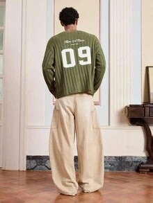 SWAVVY 男士长袖字母数字图案休闲毛衣，秋冬 - 軍綠色 - 查看 6