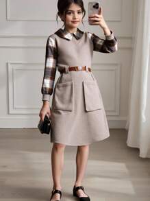 SHEIN 女童纯色和格子拼布长袖连衣裙