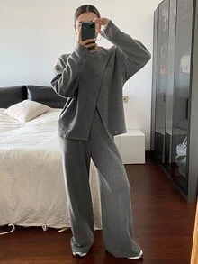 Livesso 女士休闲宽松圆领上衣和阔腿裤两件套 - 灰色 - 查看 3