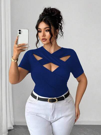 Elenzga Camiseta de mujer talla grande con cuello en V sexy, manga corta cruzada, recorte hueco y lazo