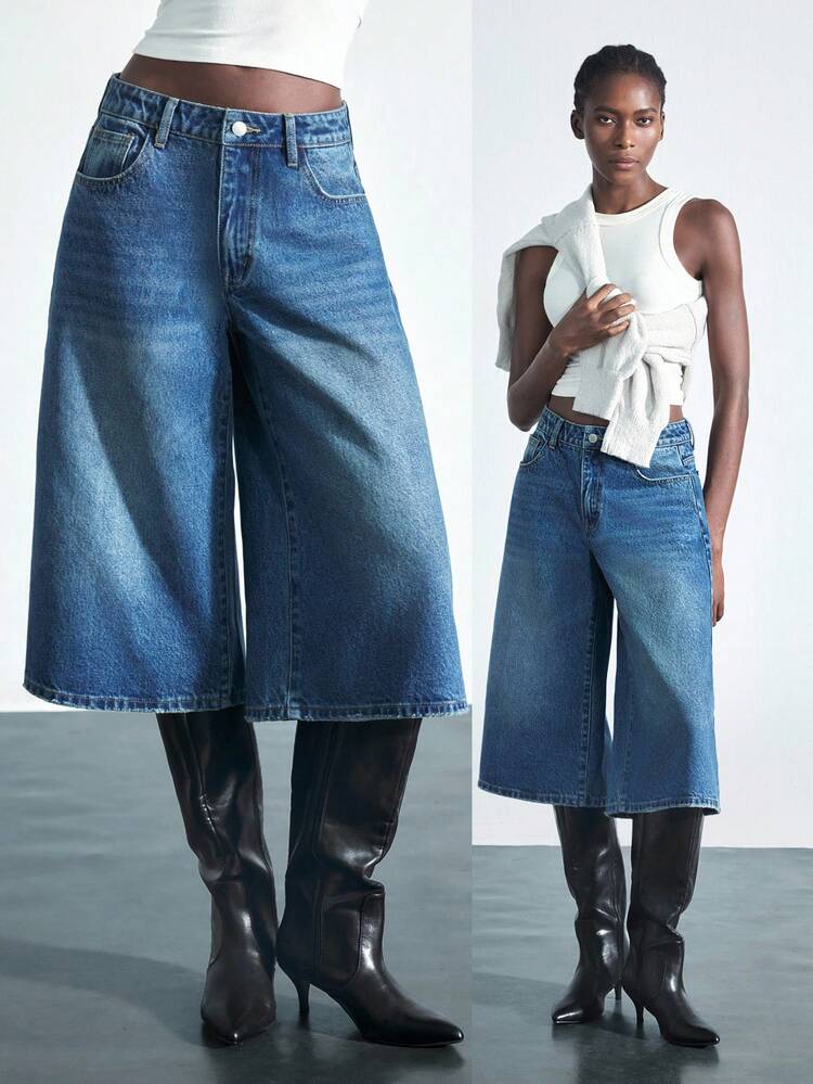 SHEIN Maija Women's Blue Denim Cropped Pants Low Waist Bermuda Casual French Style Autumn And Winter Wear