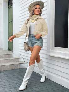 SHEIN LUNE Áo khoác ngắn cài nút thời trang thu đông cho nữ - Màu Khaki - Xem 5