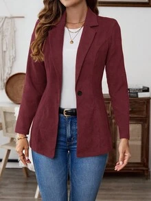 SHEIN LUNE 秋冬女士纯色单扣优雅办公室长袖西装外套 - 酒紅色 - 查看 3