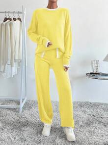 SHEIN LUNE 女士休闲撞色针织毛衣和裤子两件套，秋冬 - 彩色 - 查看 5