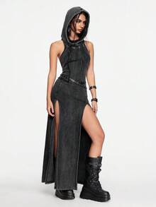 ROMWE Grunge Punk Trang phục lễ hội âm nhạc Punk Apocalyptic Wasteland có mũ trùm đầu hở lưng, buộc dây, xẻ tà cao, họa tiết bông tuyết ôm sát dành cho nữ - Màu xám đen - Xem 6