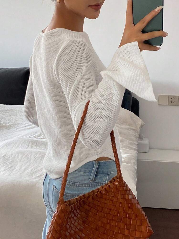 Women's Solid Color Slim Fit Long Sleeve Split Hem Casual Street Knit Sweater, Autumn/Winter