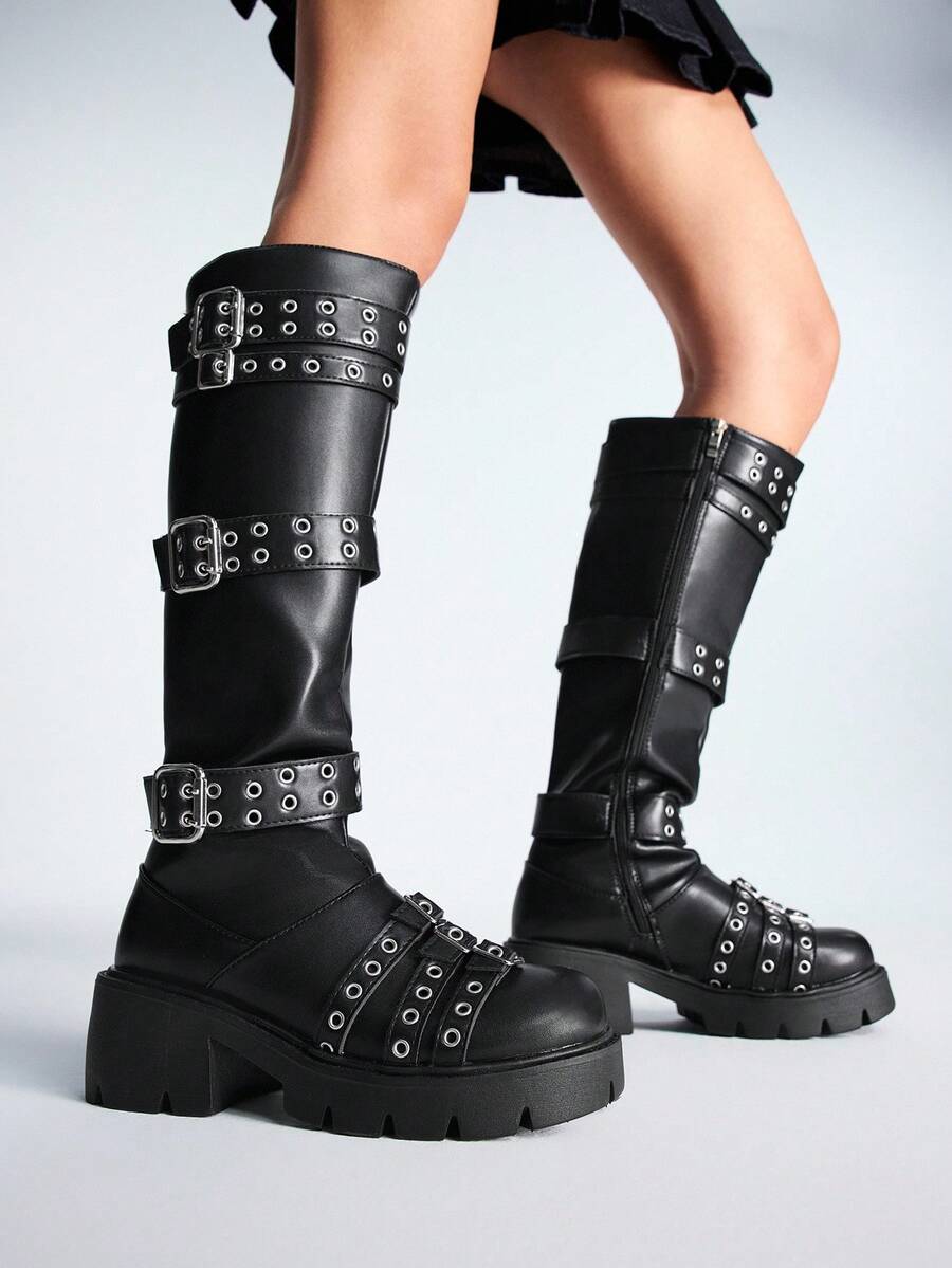 Sugerpunk Women's Dark Punk Rock Boots With Belt Buckle, Y2K Gothic Boots With Side Zipper, Knight Leather Thigh High Boots - Black - View 1