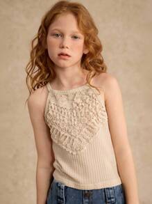 女童夏季编织饰边露背短款上衣，适合度假/海滩、假日、夏季、旅行 - 杏色 - 查看 5