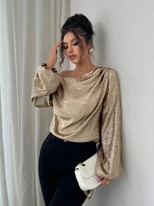 Selianne Women's Metallic Shoulder Ruched Lantern Sleeve Fashion Blouse - Gold - View 4