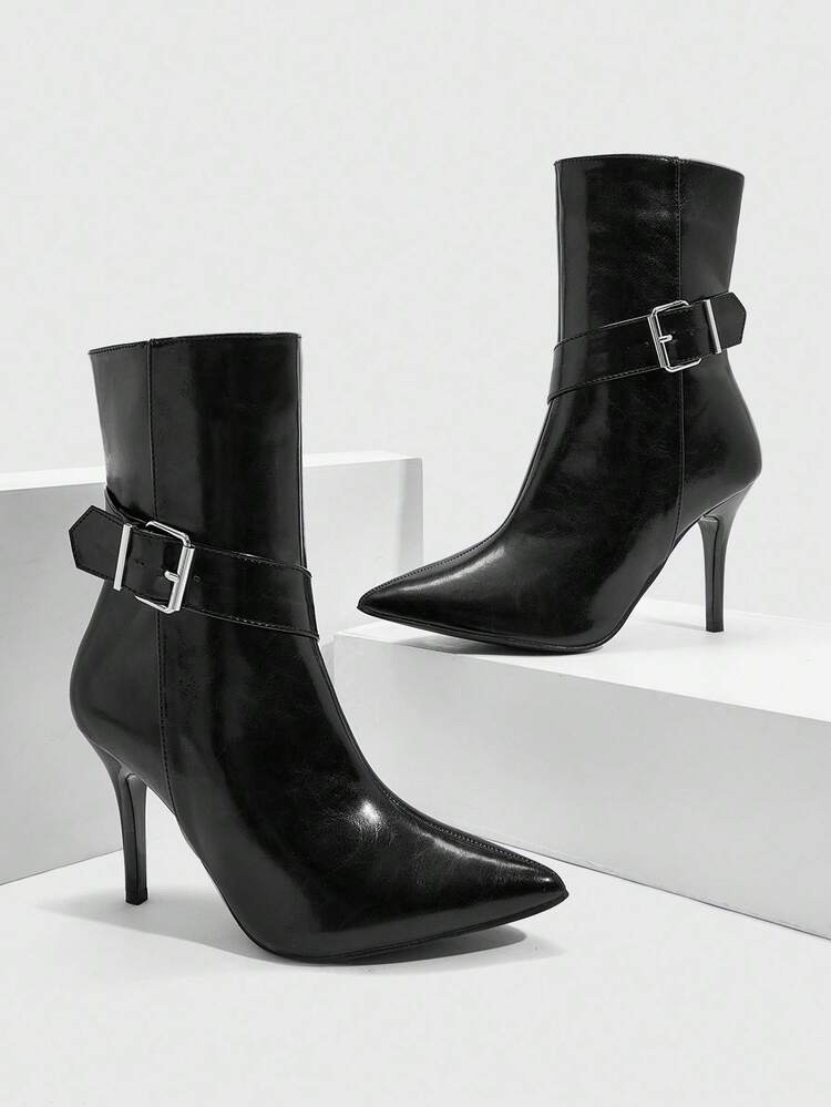 CUCCOO SZL Women's Pointed Toe Stiletto Buckle Sexy Elegant Fashion Mid-Calf Boots