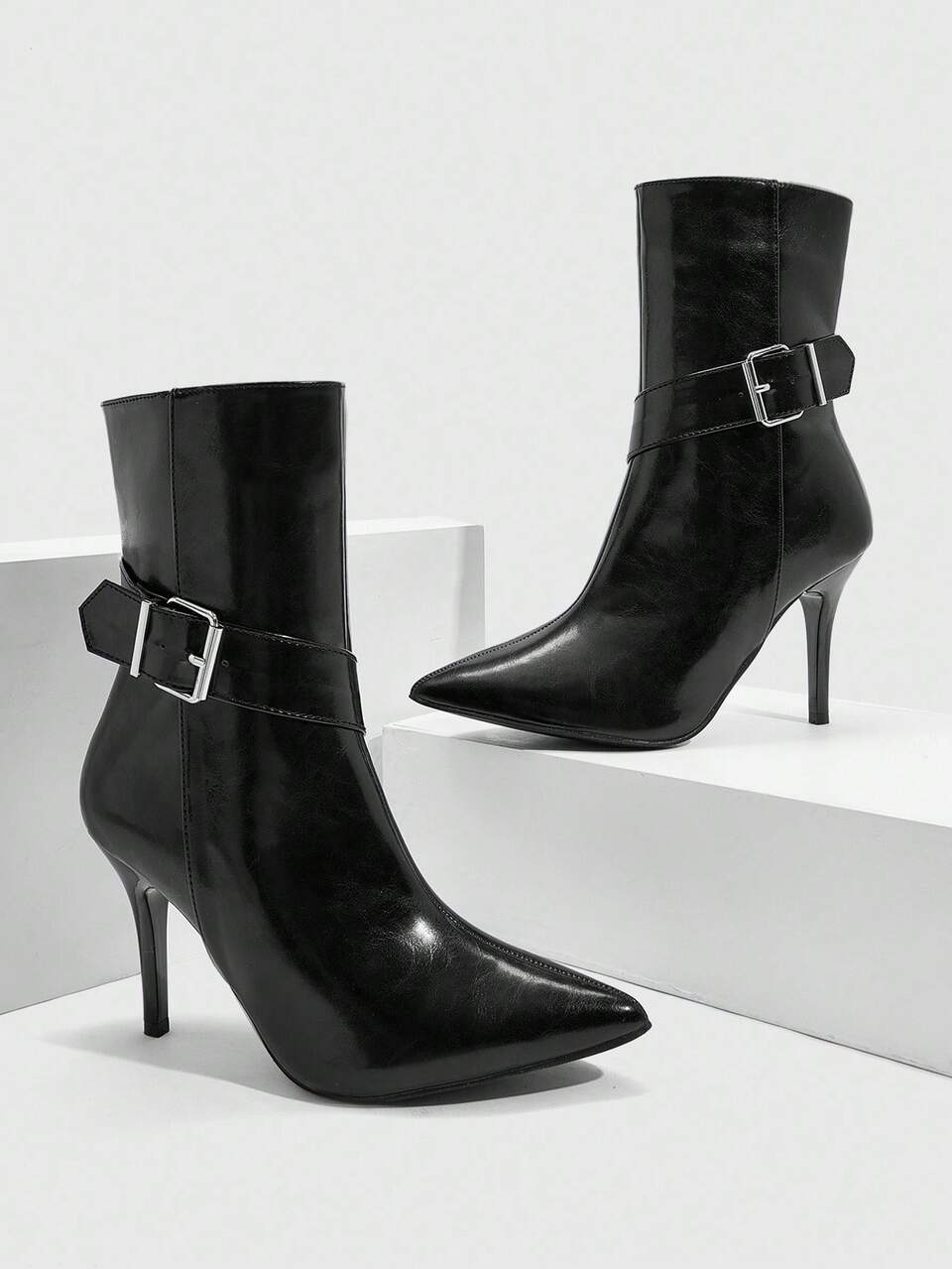 CUCCOO SZL Women's Pointed Toe Stiletto Buckle Sexy Elegant Fashion Mid-Calf Boots
