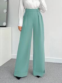 EURMUSE Women Solid Color High Waist Wide Leg Pants - Mint Green - View 5