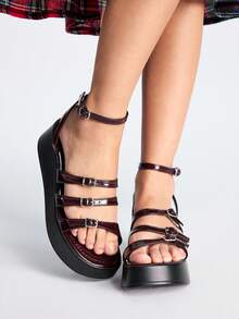 Sugerpunk Women's Fashion Platform Black Thick Sole Burgundy Strap Metal Buckle Street Party Sandals