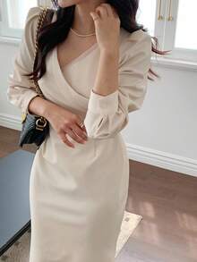 DAZY Damen V-Ausschnitt Langarm Taille Raffung Midi Meerjungfrau Kleid - Weiss - Übersicht 4