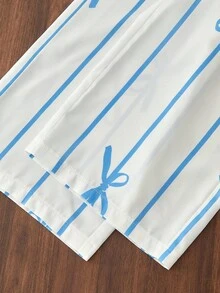 Elladie kids 年轻女孩可爱荷叶边下摆不对称下摆蝴蝶结印花休闲裤套装 - 藍色 - 查看 4