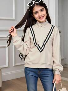 Tween Girl Casual Athletic Ribbed Zipper V-Neck Pullover Sweatshirt For Autumn/Winter