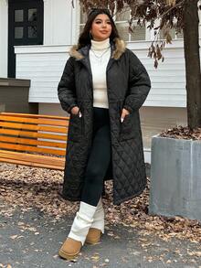 SHEIN EZwear Áo khoác dài chần bông dày cỡ lớn, mùa đông - màu đen - Xem 5