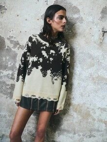 TypaGal The Distressed Knit Sweater Blends Goth And Alternative Style Into Fall Clothes, Winter Wear, And Halloween Costumes. Its Rugged Pattern Gives Character To Autumn Looks And Casual Layering. - Coffee Brown - View 3