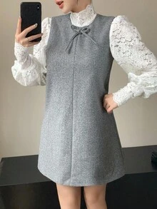 DAZY 女士宽松休闲甜美蝴蝶结装饰无袖连衣裙，秋冬季短款连衣裙 - 灰色 - 查看 10