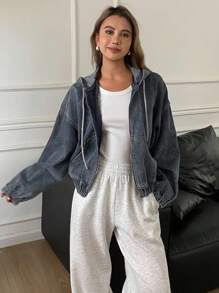 DAZY 秋冬新款宽松休闲做旧洗水女式牛仔夹克和外套 - 藍色 - 查看 4