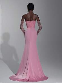 Elitara 优雅莲花粉色蕾丝拼接缎面紧身胸衣，搭配透明鱼骨胶条，飘逸下摆，适合度假、约会、生日派对、婚礼、毕业典礼、正式晚会 - 藕粉色 - 查看 4