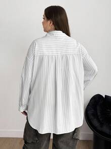 Enliva Plus Size Women's White Striped Loose Blouse, Long Sleeve Plus Size Shirt/Autumn /Winter - White - View 2