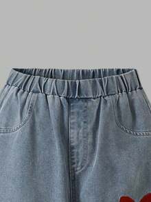 Sparklyn 女孩秋冬两件套，酒红色可爱蝴蝶结印花长袖 T 恤 + 刺绣蝴蝶结牛仔裤休闲装，适合日常、旅行、度假、万圣节 - 酒紅色 - 查看 6