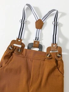 SHEIN Bộ trang phục quý ông 3 món cho bé trai mới biết đi, áo liền quần dài tay màu trắng và quần kaki có dây đeo, thoải mái, đa năng, cổ điển, thời trang, dễ thương, phong cách Anh, thích hợp cho trong nhà, ngoài trời, hàng ngày, thể thao, vui chơi, tiệc tùng, chụp ảnh, kỳ nghỉ, ngày lễ, đám cưới, tiệc chào đón em bé, lễ rửa tội và sinh nhật lần thứ 1 - Nhiều màu - Xem 9