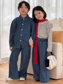 Genkimix Kids Bộ đồ thường ngày mùa xuân/thu mới dành cho bé gái, áo thun dài tay kẻ sọc + quần jeans ống rộng dáng suông, dễ thương và đơn giản. - Đen và trắng - Xem 6